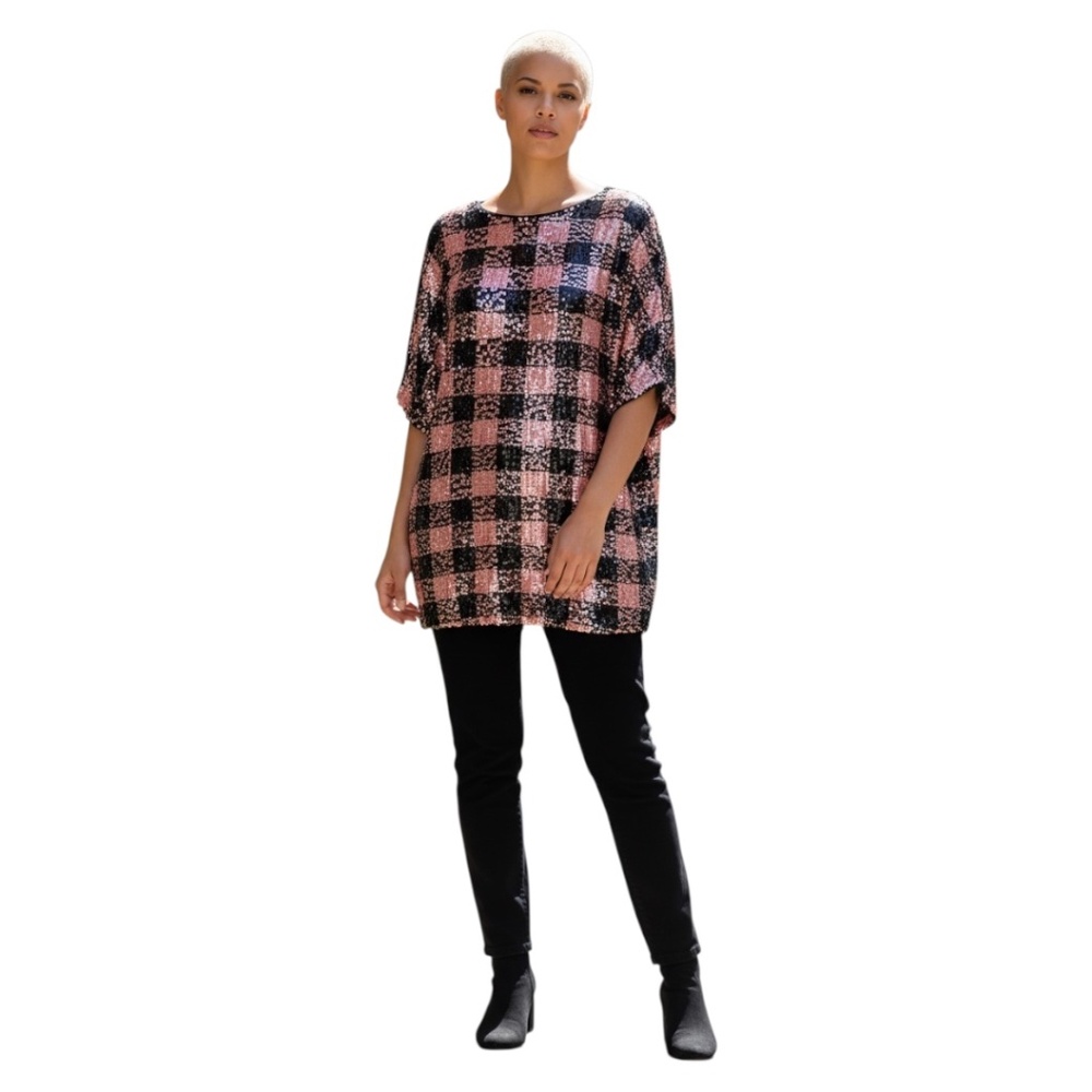 Vintage Silk Beaded & Sequin Checkered Patterned Pink/black Women's Blouse